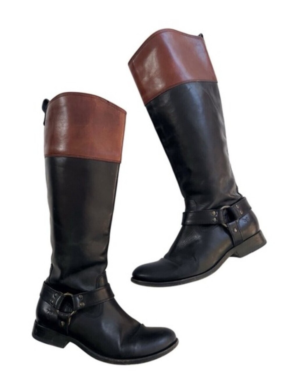 Frye Melissa Harness Western Riding Tall Boots Black & Brown Leather Size 8.5